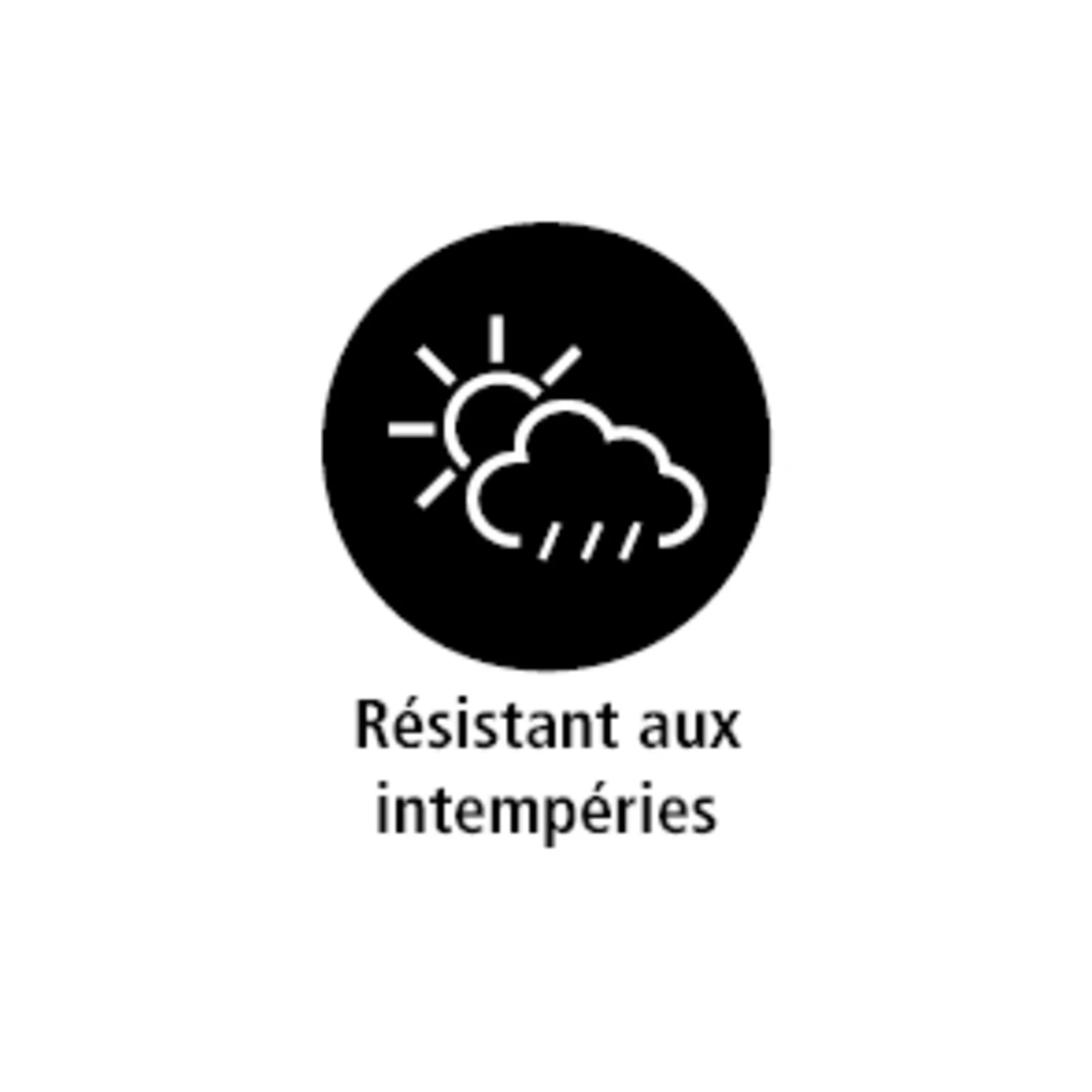 Het symbool toont een zon die gedeeltelijk verduisterd wordt door een wolk waaruit regendruppels vallen, binnen een zwarte cirkel. Onder de cirkel staat het woord "weerbestendig", wat aangeeft dat het product of materiaal bestand is tegen verschillende weersomstandigheden. Het symbool toont een zon die gedeeltelijk verduisterd wordt door een wolk waaruit regendruppels vallen, binnen een zwarte cirkel. Onder de cirkel staat het woord "weerbestendig", wat aangeeft dat het product of materiaal bestand is tegen verschillende weersomstandigheden.