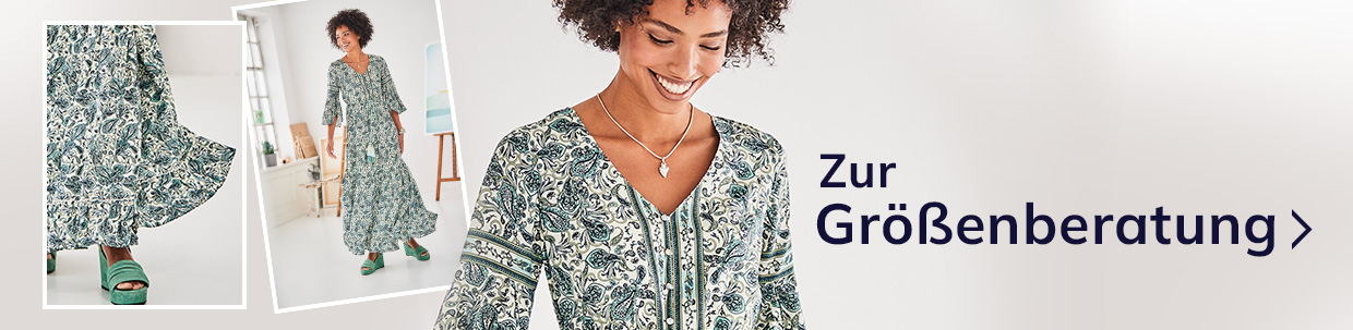 Grünes Maxikleid mit floralem Muster, kombiniert mit grünen Absatzsandalen, daneben der Hinweis „Zur Größenberatung“.