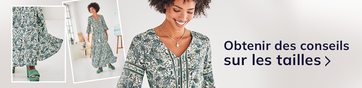 Robe longue à motifs verts et blancs, portée avec des sandales vertes, accompagnée d'un collier argenté. Texte "Zur Größenberatung" à droite.