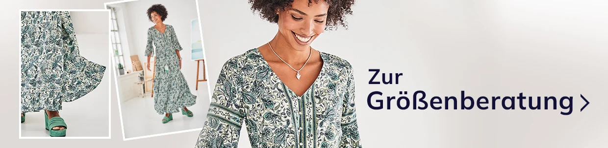 Grünes Maxikleid mit floralem Muster, kombiniert mit grünen Absatzsandalen, daneben der Hinweis „Zur Größenberatung“.