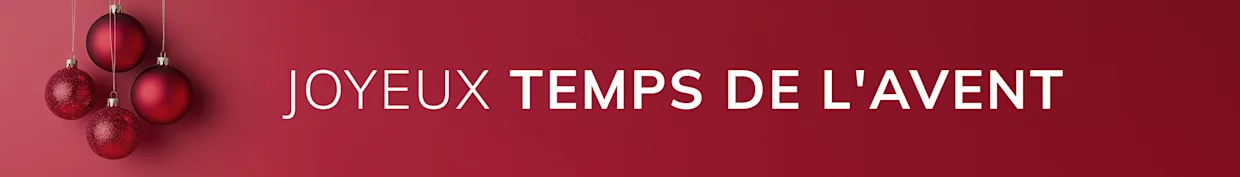 Trois boules de Noël rouges suspendues sur fond rouge. Texte : 'JOYEUX TEMPS DE L'AVENT'.