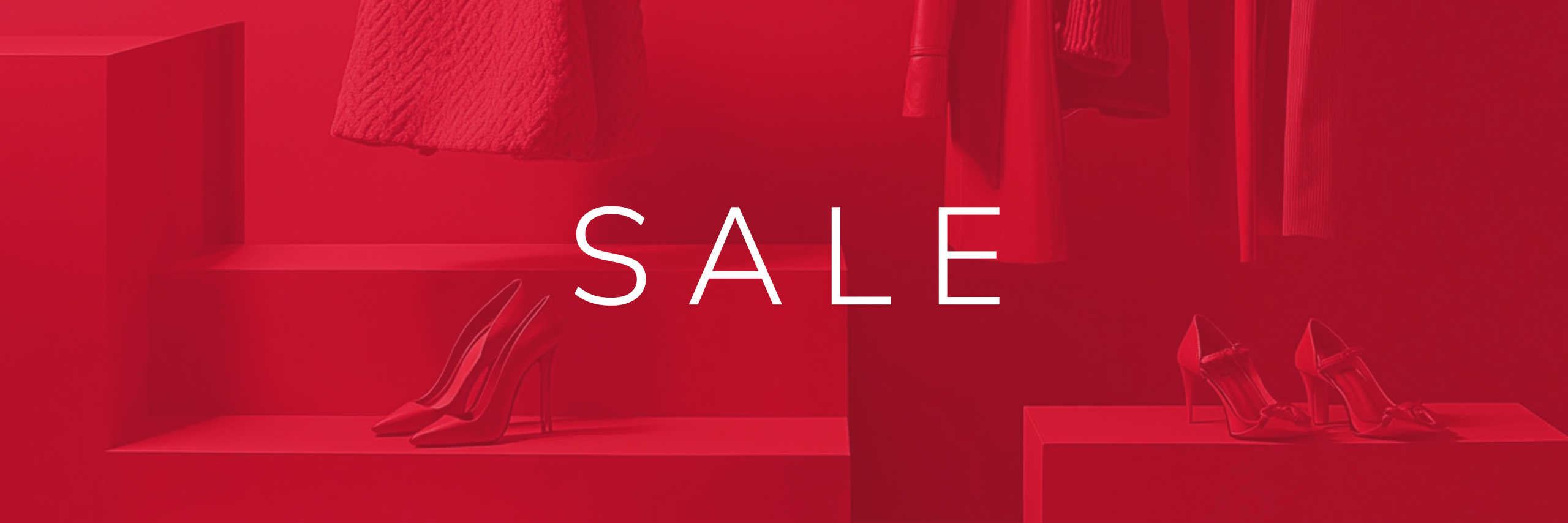 Op een rode achtergrond met een kledingrek staat het woord ‘Sale’.