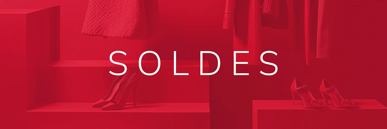 Sur un fond rouge orné d'une tringle à vêtements, on peut lire le mot « Soldes ». Sur un fond rouge orné d'une tringle à vêtements, on peut lire le mot « Soldes ».