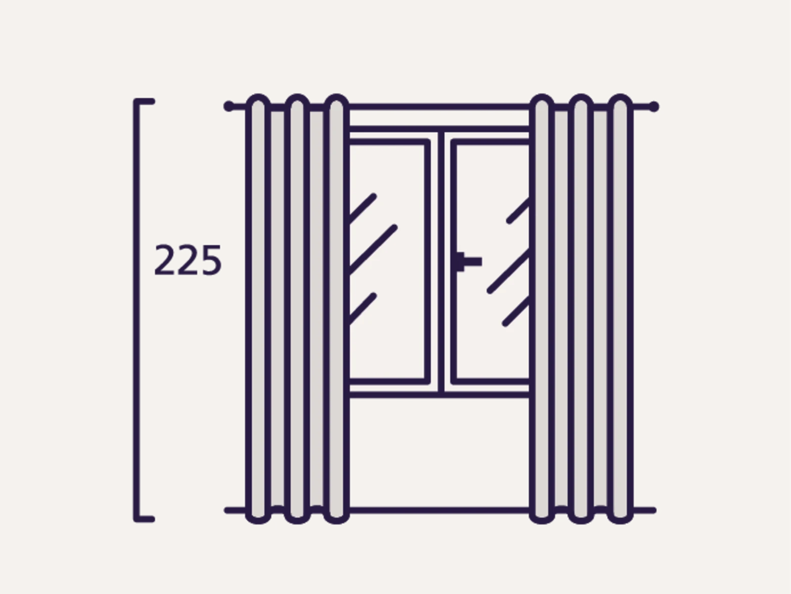Das Symbol zeigt ein Fenster mit zwei geöffneten Flügeln, das von zwei Vorhängen eingerahmt ist. Links neben dem Fenster ist eine vertikale Linie mit der Zahl "225" angebracht, die die Höhe in Zentimetern angibt. Das Symbol zeigt ein Fenster mit zwei geöffneten Flügeln, das von zwei Vorhängen eingerahmt ist. Links neben dem Fenster ist eine vertikale Linie mit der Zahl "225" angebracht, die die Höhe in Zentimetern angibt.