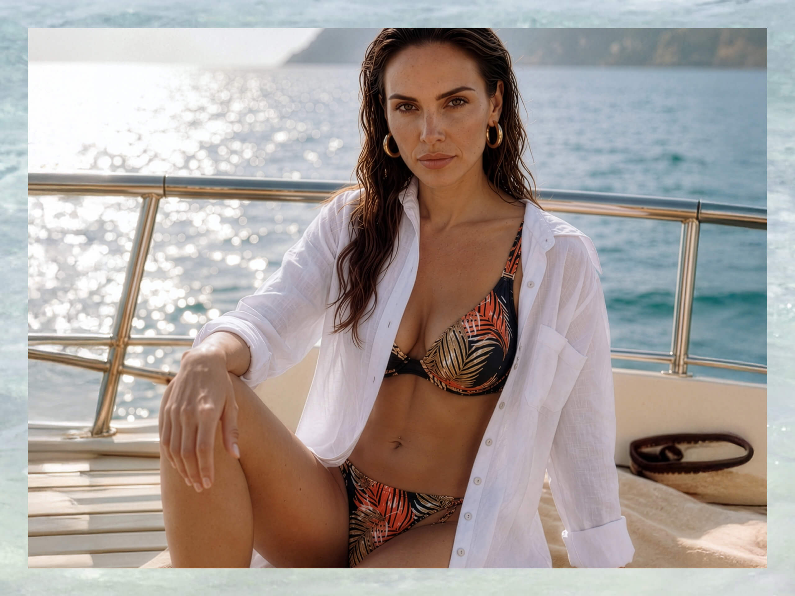 Een model zit op een boot, draagt een bikini met oranje-zwart bladmotief en een wit open overhemd, op de achtergrond zee en zon.