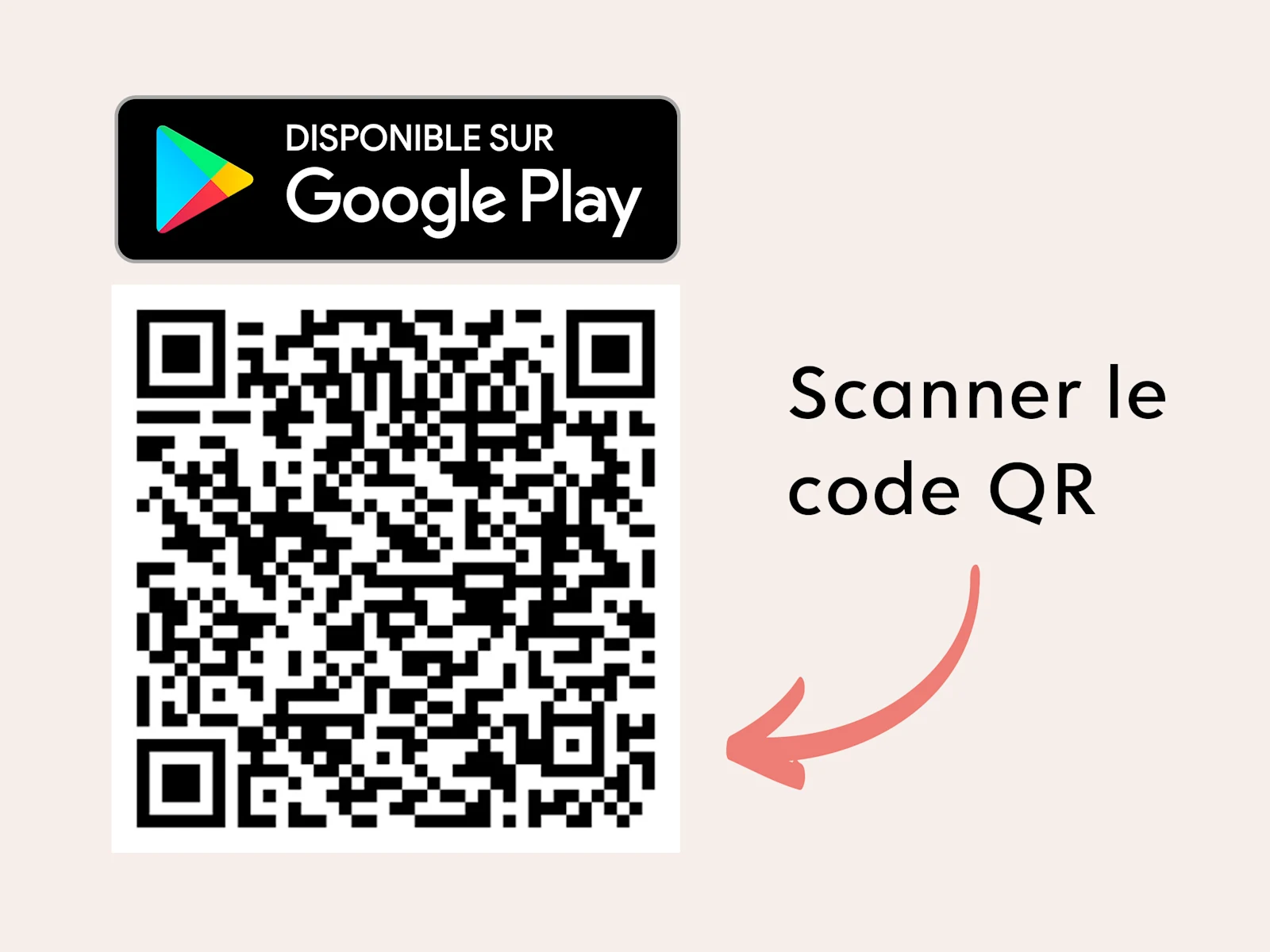 Code QR avec la mention 'Il suffit de scanner le code QR' et le logo Google Play en haut.