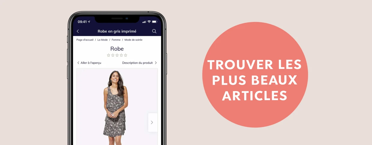 L'illustration montre un smartphone qui montre une robe grise, à côté d'un cercle rouge avec le texte 'Trouver beau'. L'illustration montre un smartphone qui montre une robe grise, à côté d'un cercle rouge avec le texte 'Trouver beau'.