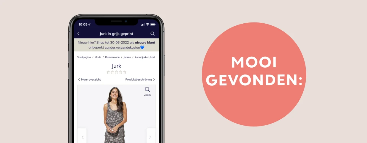 Afbeelding toont een smartphone met een grijze jurk en een rode cirkel ernaast met de tekst 'Schönes finden'. Afbeelding toont een smartphone met een grijze jurk en een rode cirkel ernaast met de tekst 'Schönes finden'.