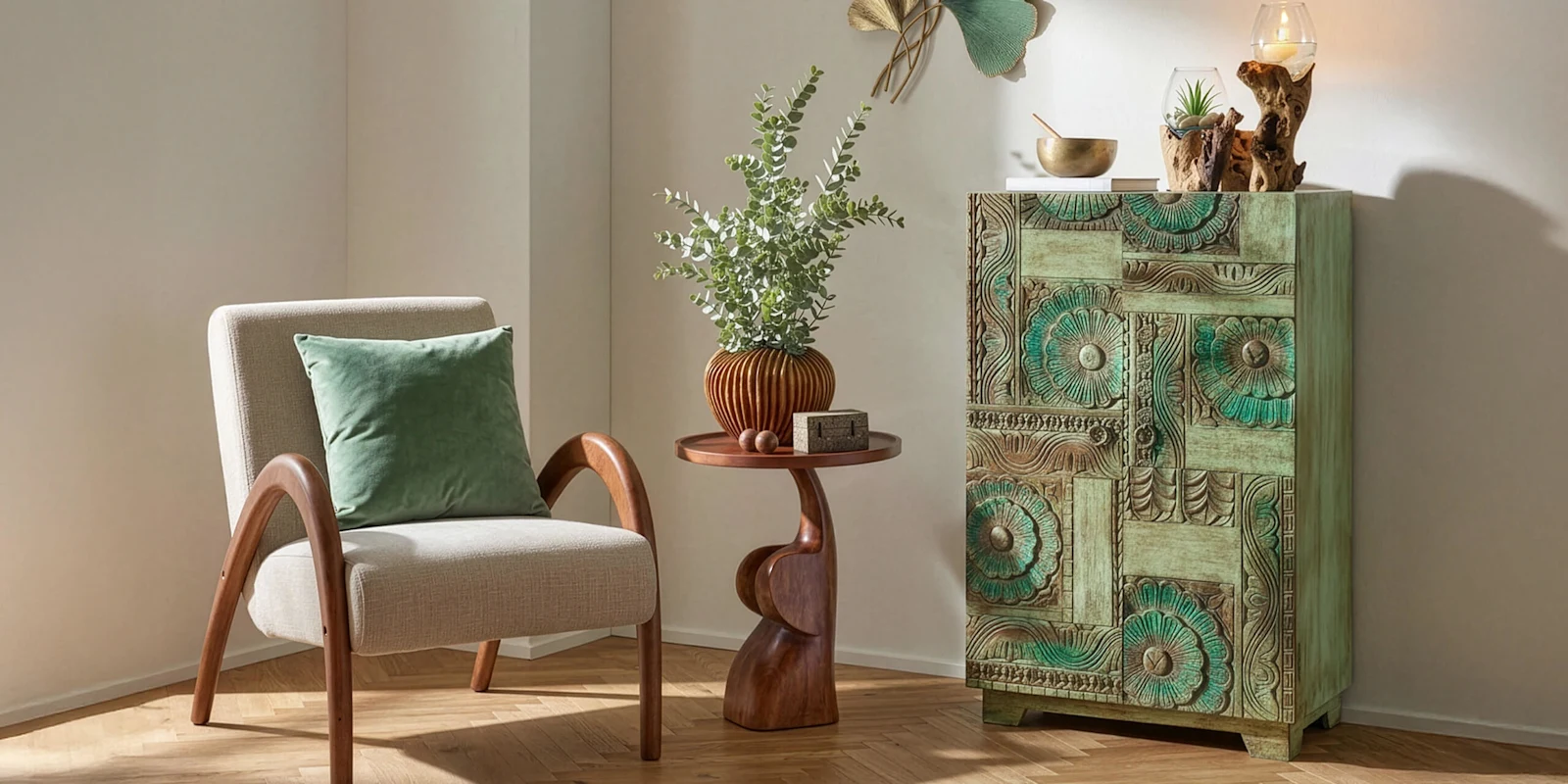 Helles Wohnzimmer mit Sessel, grünem Zierkissen, Holz-Beistelltisch und einer dekorativen Kommode im grünen Ethno-Stil.