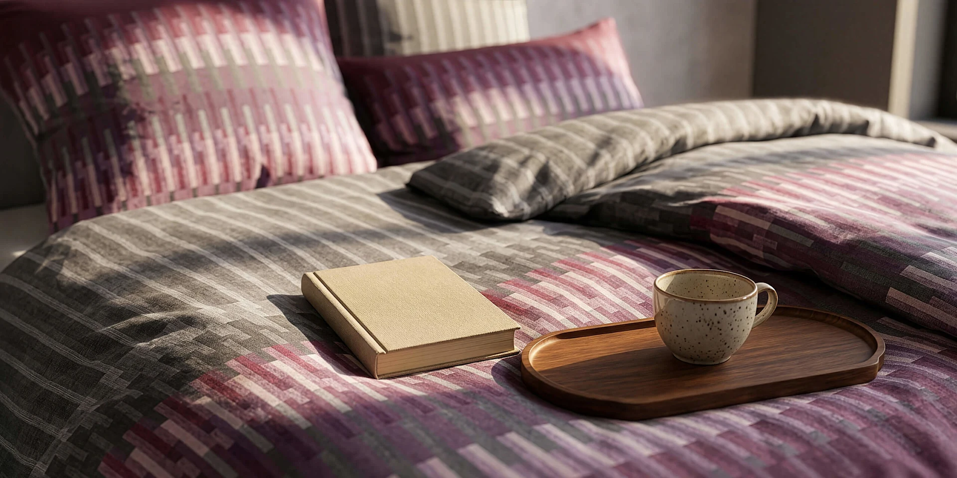 Auf einem Bett mit grafisch gemusterter Bettwäsche in Grau- und Lilatönen liegen ein Buch und ein Holztablett mit einer Tasse.