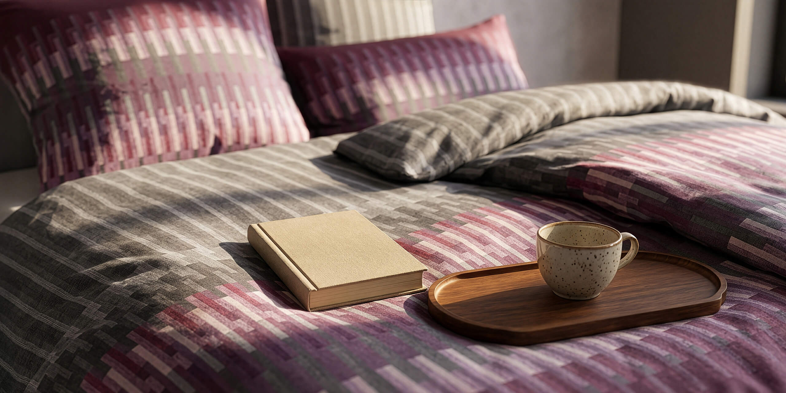 Sur un lit avec une parure à motifs graphiques dans des tons de gris et de violet, il y a un livre et un plateau en bois avec une tasse.