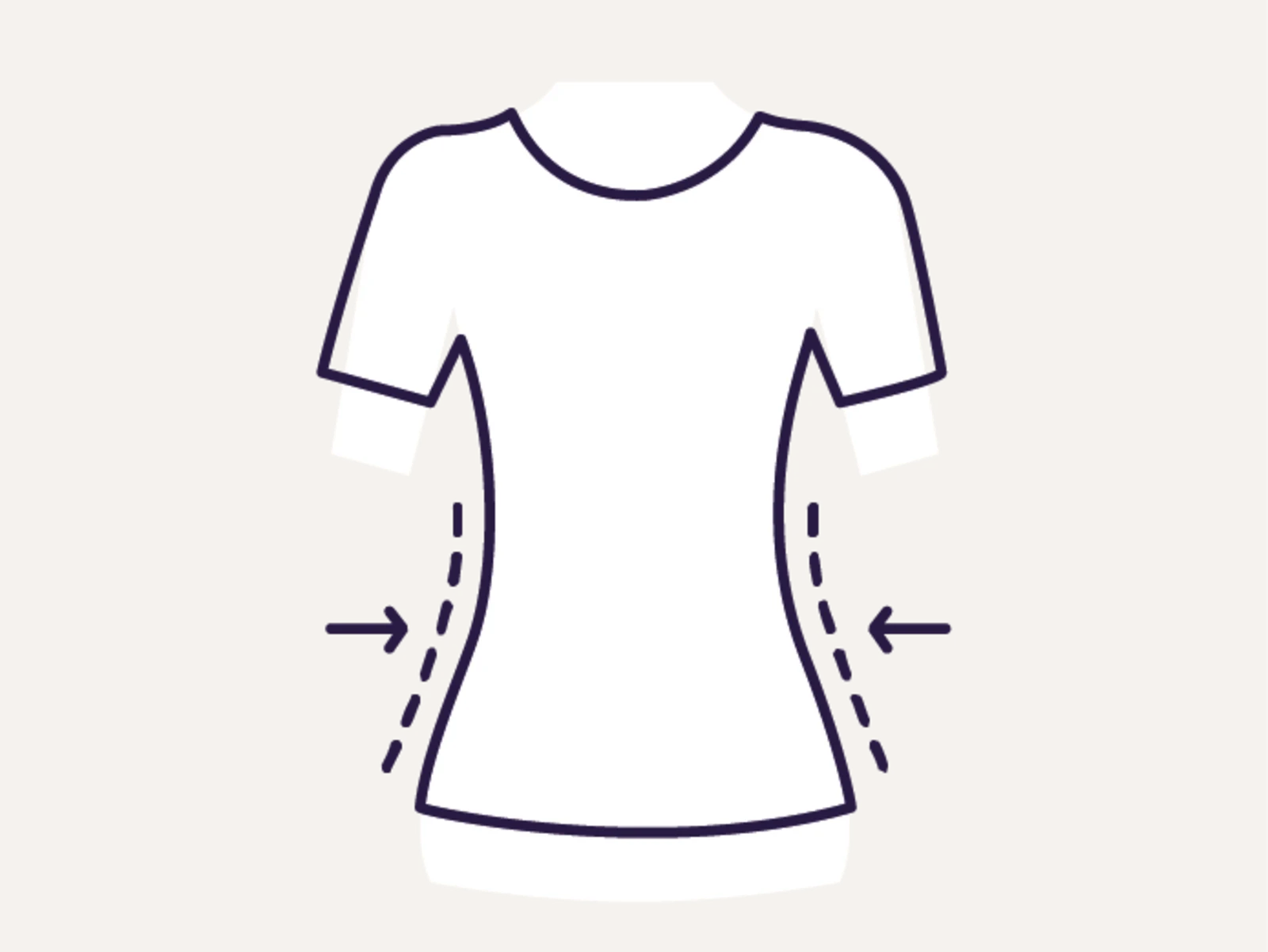 Symbool van een wit T-shirt met een slanke pasvorm, gemarkeerd door lijnen en pijlen. Symbool van een wit T-shirt met een slanke pasvorm, gemarkeerd door lijnen en pijlen.