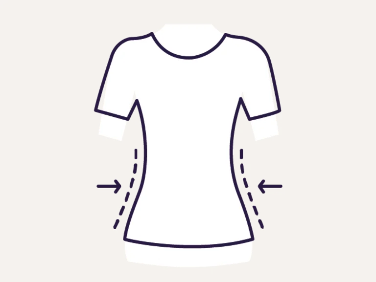 Symbol eines weißen T-Shirts mit tailliertem Schnitt, hervorgehoben durch Linien und Pfeile. Symbol eines weißen T-Shirts mit tailliertem Schnitt, hervorgehoben durch Linien und Pfeile.