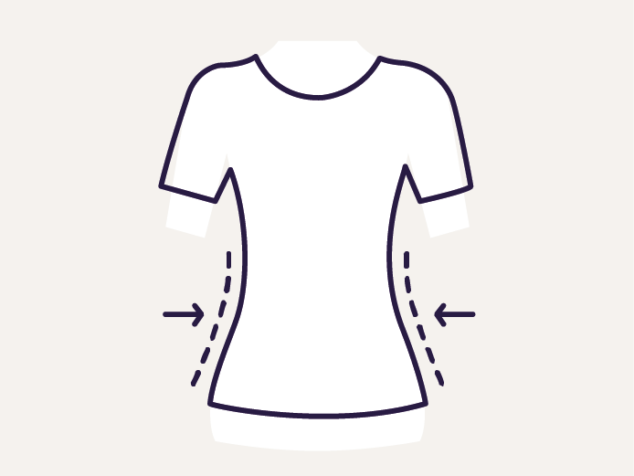 Symbol eines weißen T-Shirts mit tailliertem Schnitt, hervorgehoben durch Linien und Pfeile.