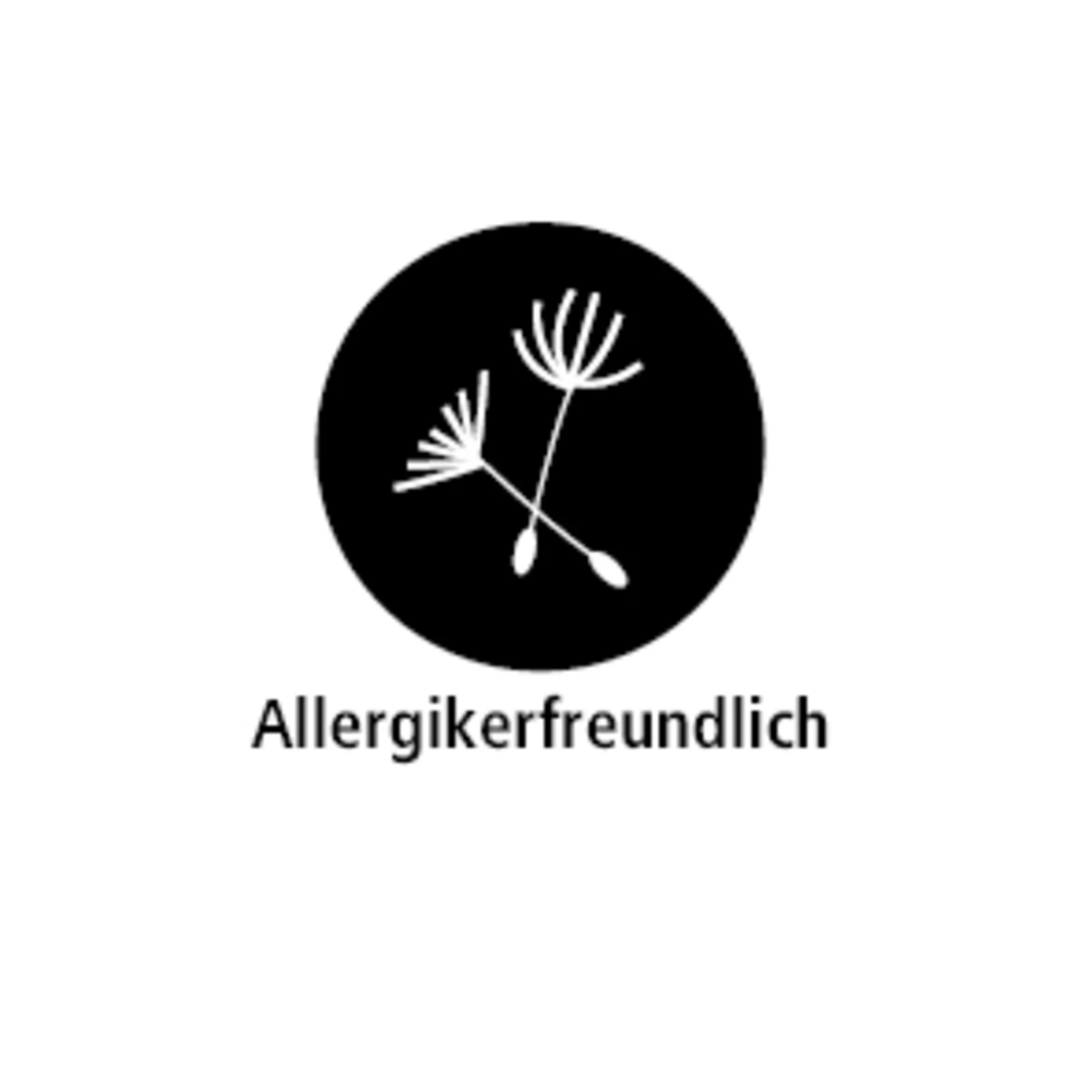 Das Symbol zeigt zwei stilisierte Pusteblumen innerhalb eines schwarzen Kreises. Darunter steht der Text "Allergikerfreundlich", was darauf hinweist, dass das Produkt oder Material für Menschen mit Allergien geeignet ist und keine allergieauslösenden Stoffe enthält. Das Symbol zeigt zwei stilisierte Pusteblumen innerhalb eines schwarzen Kreises. Darunter steht der Text "Allergikerfreundlich", was darauf hinweist, dass das Produkt oder Material für Menschen mit Allergien geeignet ist und keine allergieauslösenden Stoffe enthält.
