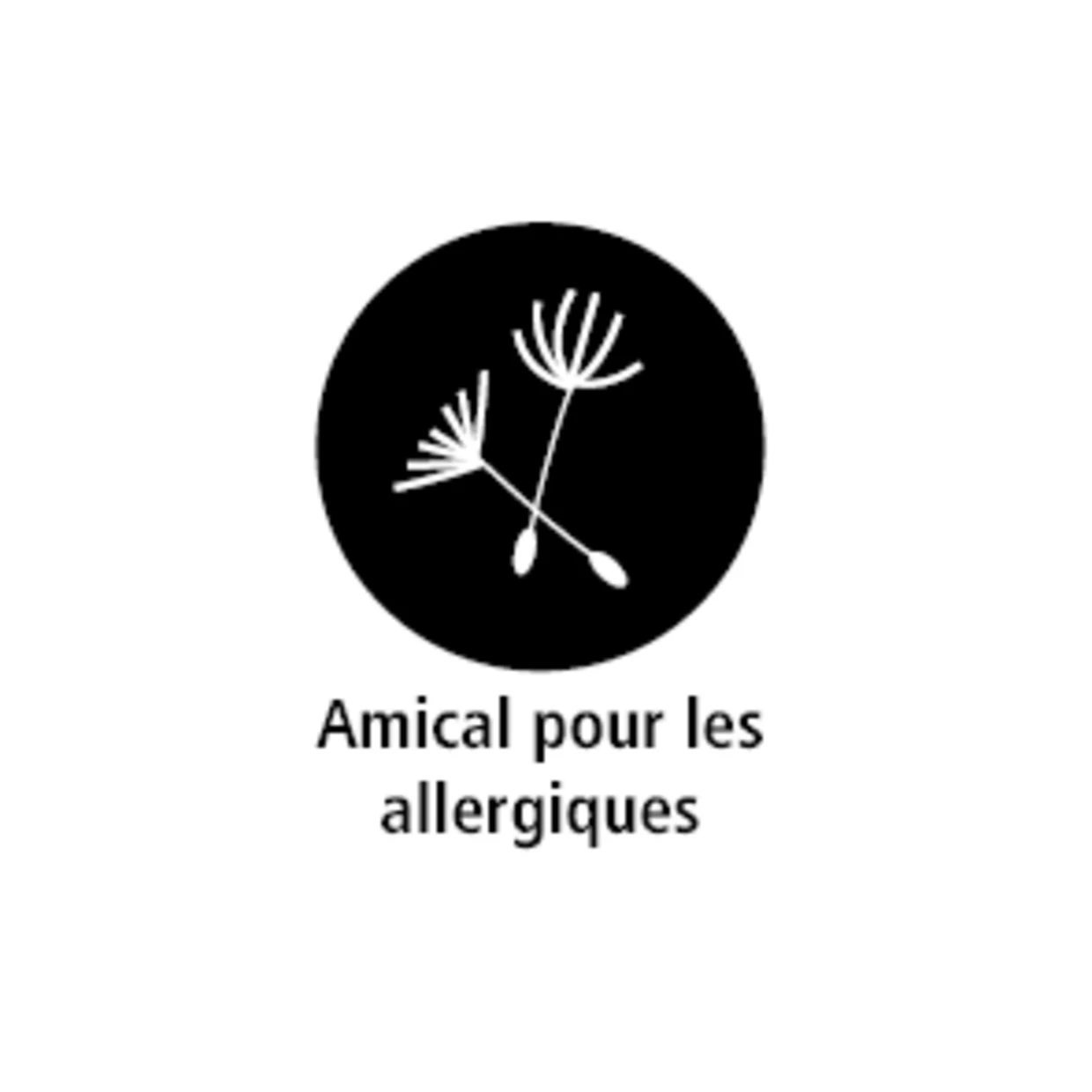 Le symbole représente deux pissenlits stylisés à l'intérieur d'un cercle noir. En dessous, le texte "Ami des allergiques" indique que le produit ou le matériau convient aux personnes souffrant d'allergies et ne contient pas de substances allergisantes. Le symbole représente deux pissenlits stylisés à l'intérieur d'un cercle noir. En dessous, le texte "Ami des allergiques" indique que le produit ou le matériau convient aux personnes souffrant d'allergies et ne contient pas de substances allergisantes.