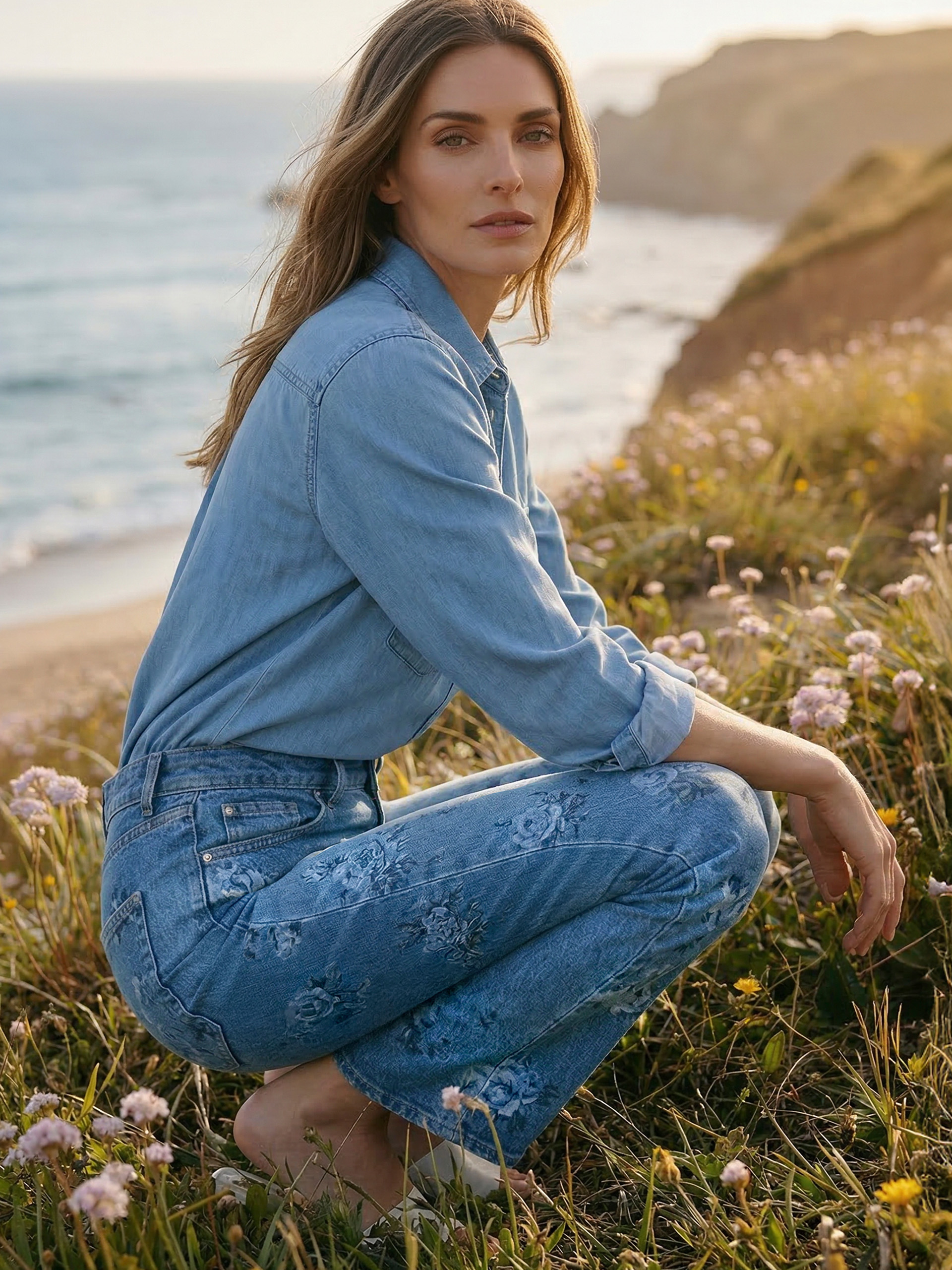 Model sitzt an einer Küste im Gras und trägt eine Jeanshose mit Jeanshemd.