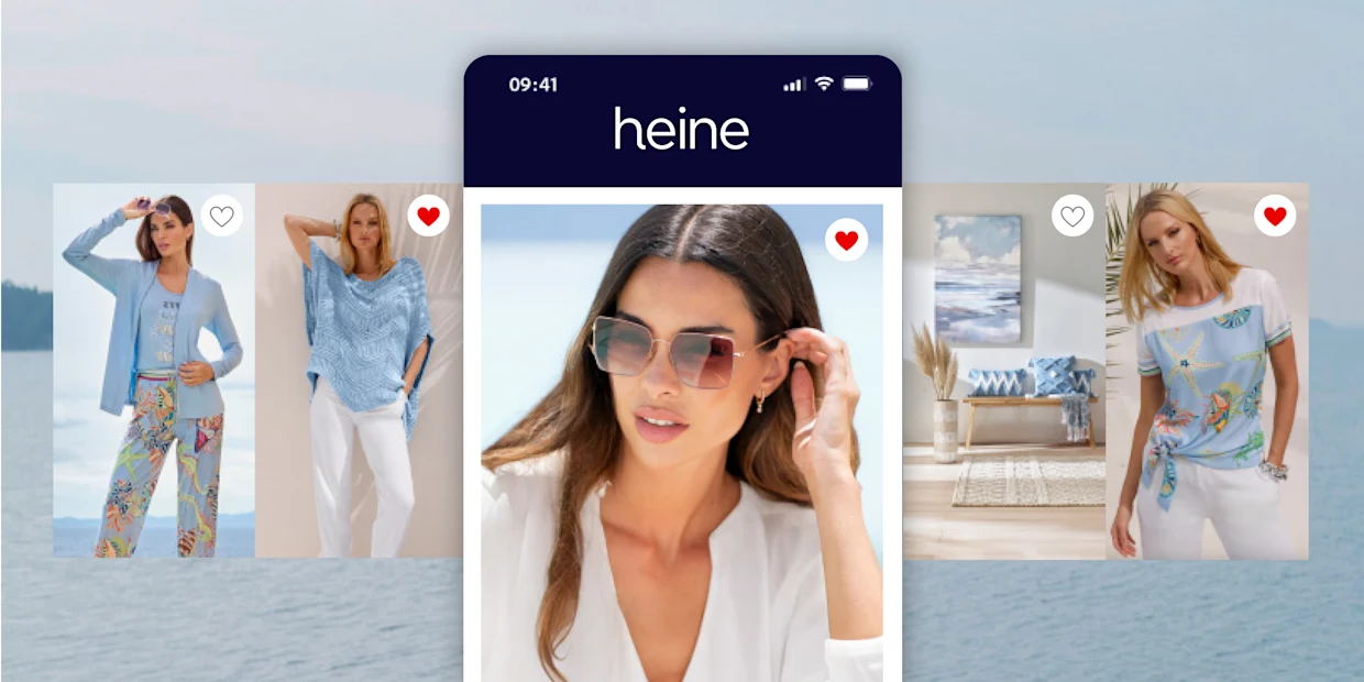 Ein Model trägt weiße Kleidung, umgeben von sommerlichen Outfits und Wohnaccessoires. Text: heine. Ein Model trägt weiße Kleidung, umgeben von sommerlichen Outfits und Wohnaccessoires. Text: heine.