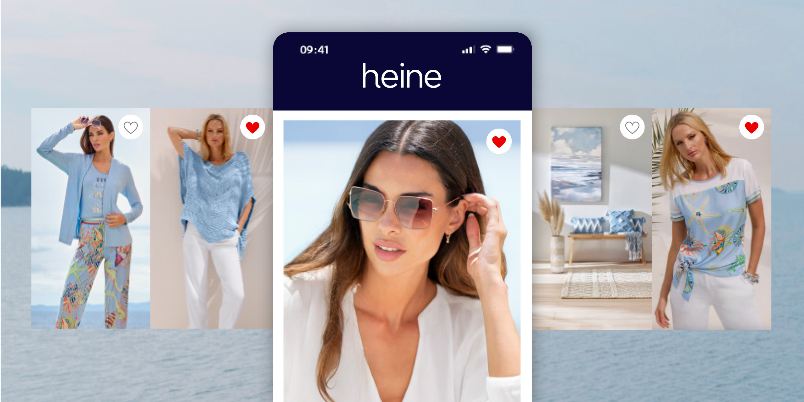 Een model draagt witte kleding, omgeven door zomerse outfits en woonaccessoires. Tekst: heine.