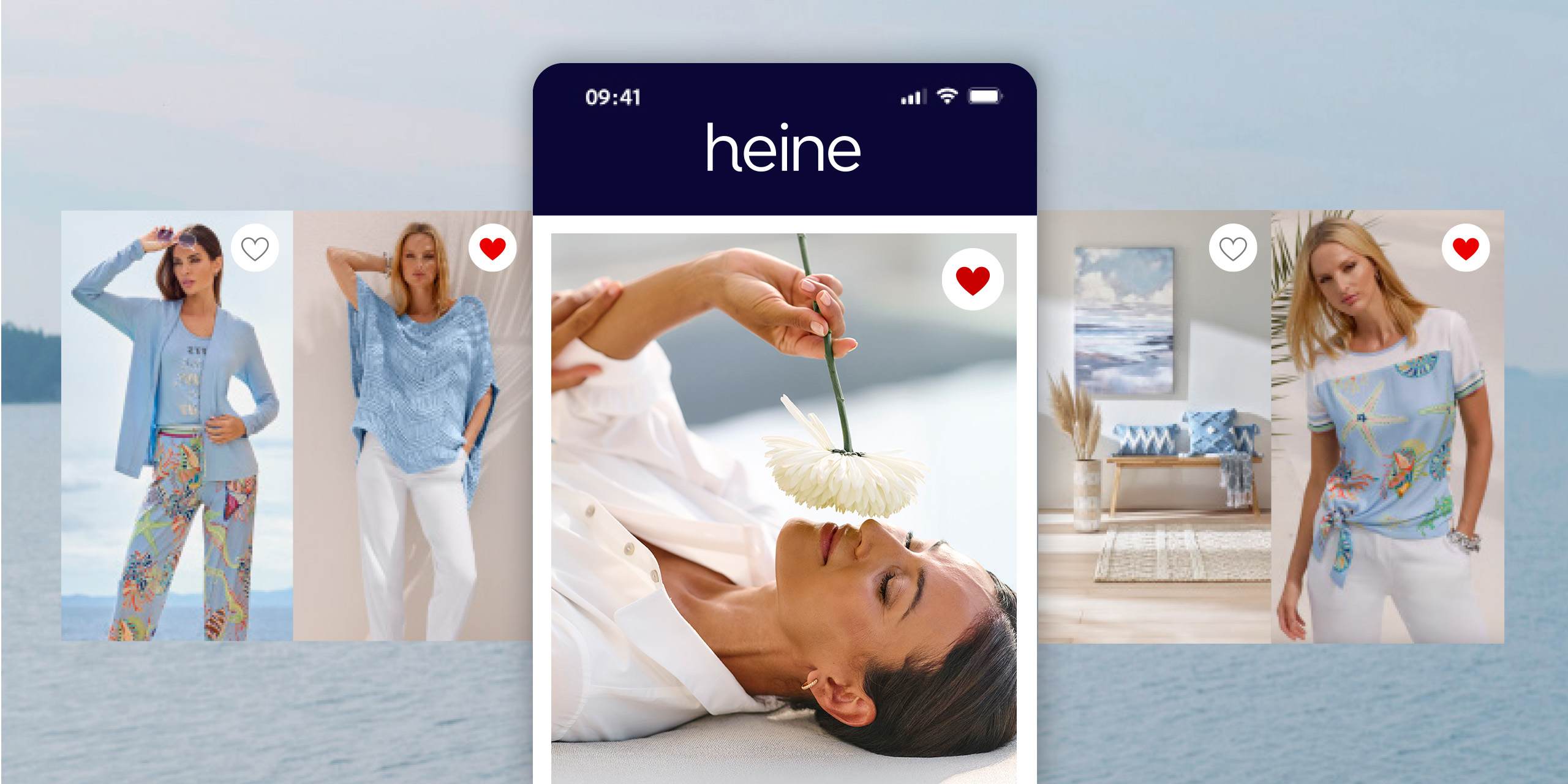 Een model draagt witte kleding, omgeven door zomerse outfits en woonaccessoires. Tekst: heine.