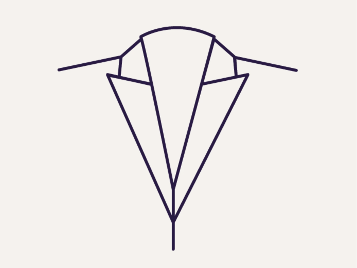 Symbole d'une veste stylisée avec col et revers en ligne bleu foncé sur fond beige. Symbole d'une veste stylisée avec col et revers en ligne bleu foncé sur fond beige.