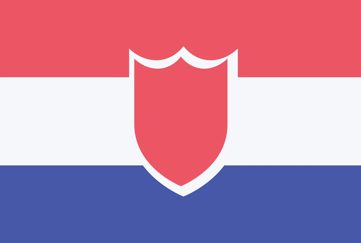 Symbol der Flagge von Kroatien mit einem roten Schild auf einem Hintergrund mit horizontalen Streifen in Rot, Weiß und Blau. Symbol der Flagge von Kroatien mit einem roten Schild auf einem Hintergrund mit horizontalen Streifen in Rot, Weiß und Blau.
