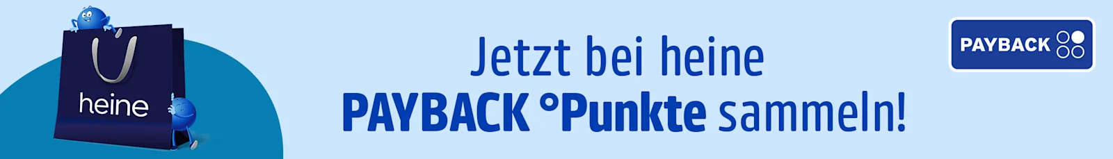 Das Symbol zeigt eine blaue Einkaufstasche mit 'heine' und PAYBACK-Figuren. Text: Jetzt bei heine PAYBACK °Punkte sammeln! Das Symbol zeigt eine blaue Einkaufstasche mit 'heine' und PAYBACK-Figuren. Text: Jetzt bei heine PAYBACK °Punkte sammeln!