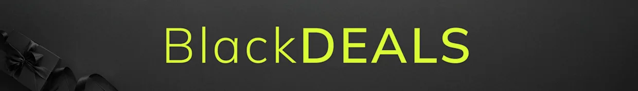 Le symbole représente le logo BlackDEALS en jaune-vert sur fond sombre, avec un cadeau noir à gauche.