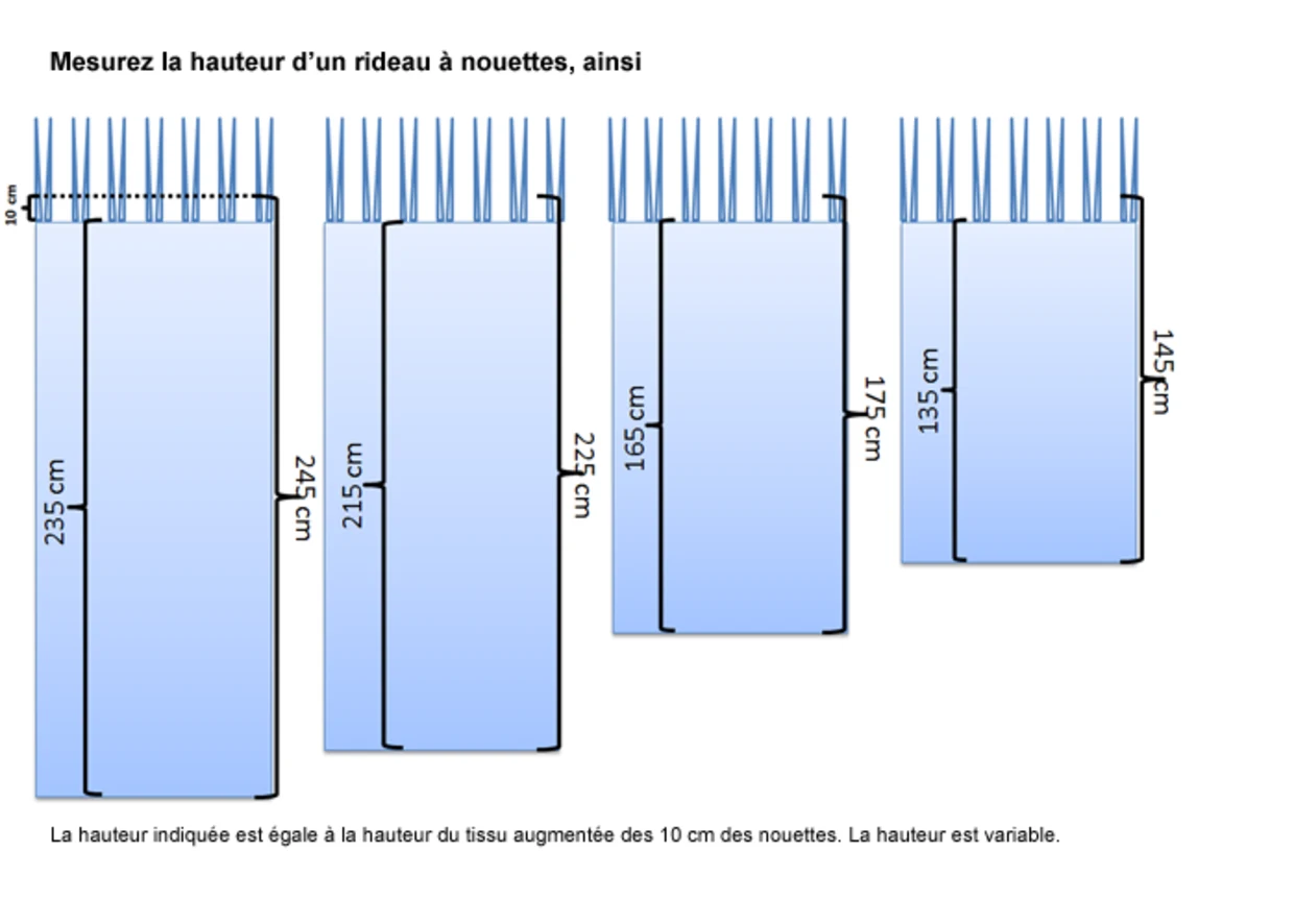 Instructions pour mesurer la hauteur d'un rideau avec des liens. Quatre rideaux sont représentés, qui montrent des hauteurs différentes : 235 cm, 215 cm, 165 cm et 145 cm. La mesure de hauteur indiquée correspond à la mesure du tissu plus 10 cm de bandes d'attache. Ici, la hauteur du décor est variable. Instructions pour mesurer la hauteur d'un rideau avec des liens. Quatre rideaux sont représentés, qui montrent des hauteurs différentes : 235 cm, 215 cm, 165 cm et 145 cm. La mesure de hauteur indiquée correspond à la mesure du tissu plus 10 cm de bandes d'attache. Ici, la hauteur du décor est variable.