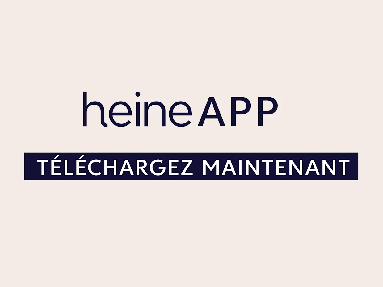 Télécharger maintenant l'annonce publicitaire de l'application Heine - inscription en bleu foncé sur fond beige.
