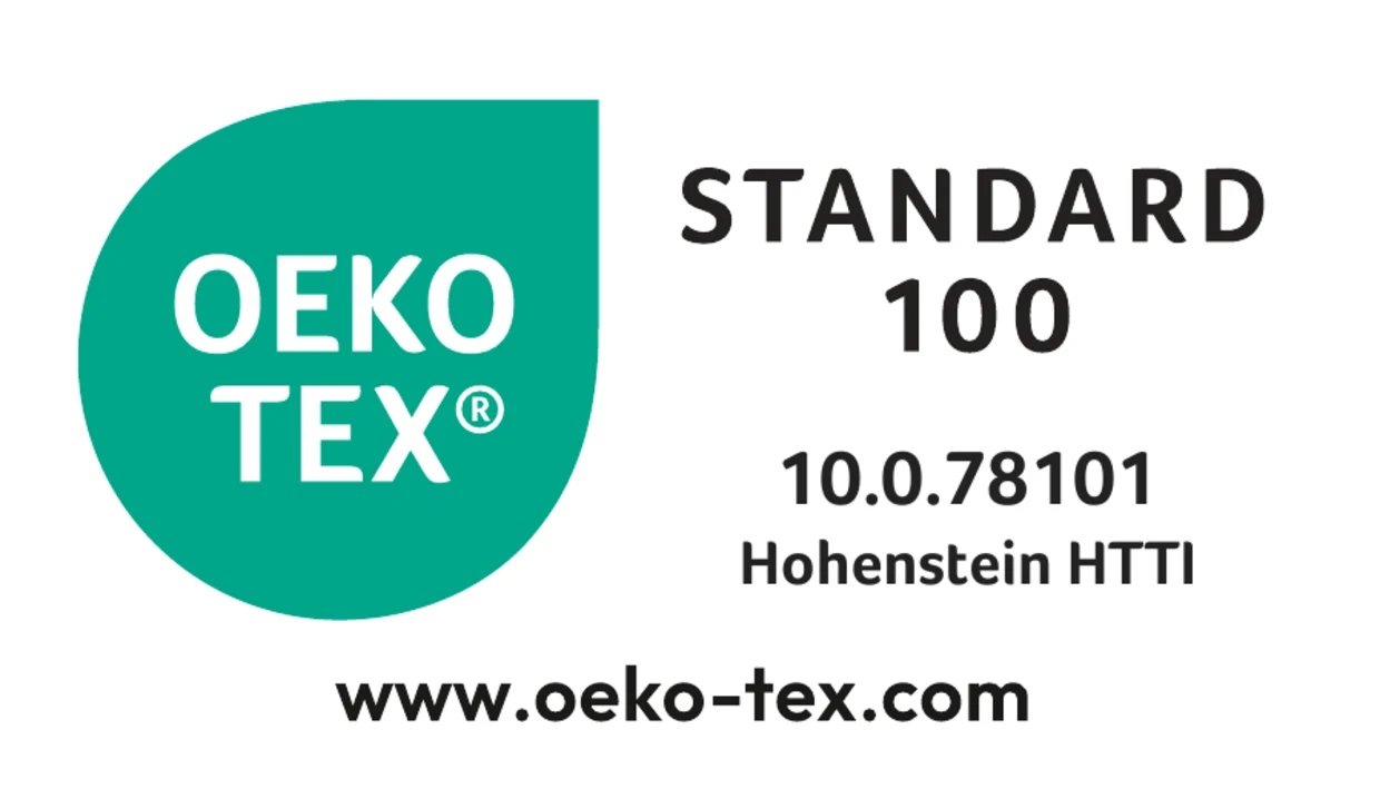 Logo des OEKO-TEX Standards 100 mit Zertifikatsnummer 10.0.78101, Hohenstein HTTI, und Website www.oeko-tex.com. Logo des OEKO-TEX Standards 100 mit Zertifikatsnummer 10.0.78101, Hohenstein HTTI, und Website www.oeko-tex.com.