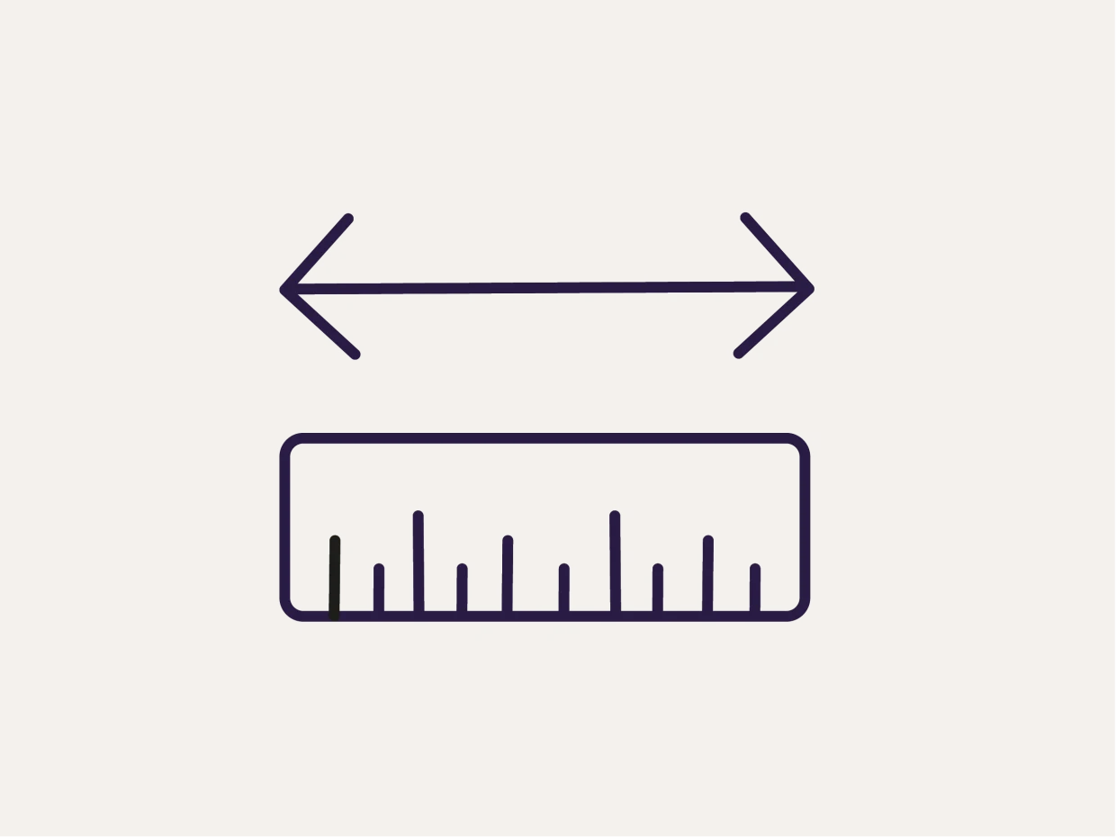 Symbol eines Lineals mit Maßstrichen und einer Doppelpfeil-Grafik, die Länge oder Abmessungen darstellt.