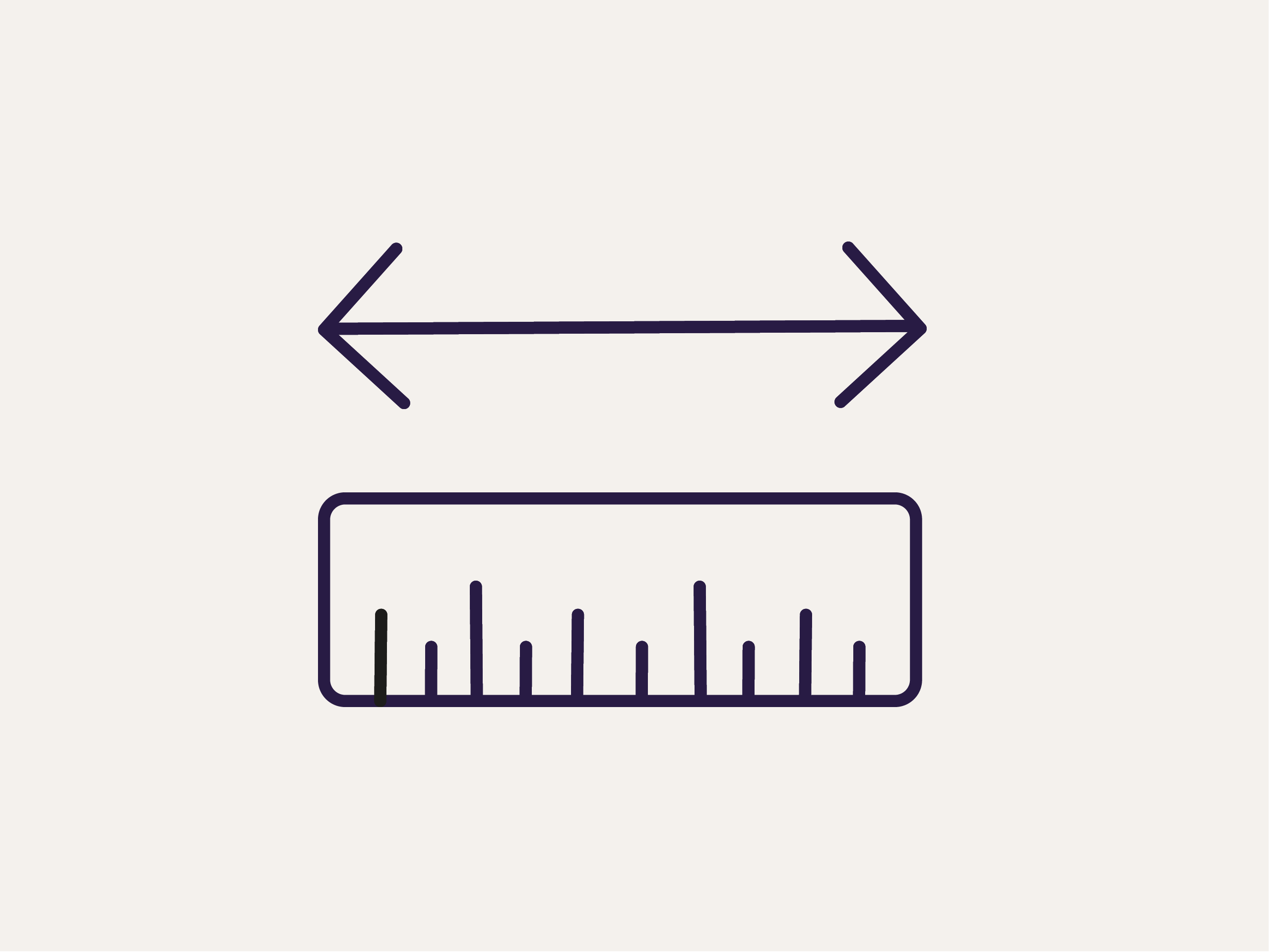Symbol eines Lineals mit Massstrichen und einer Doppelpfeil-Grafik, die Länge oder Abmessungen darstellt.