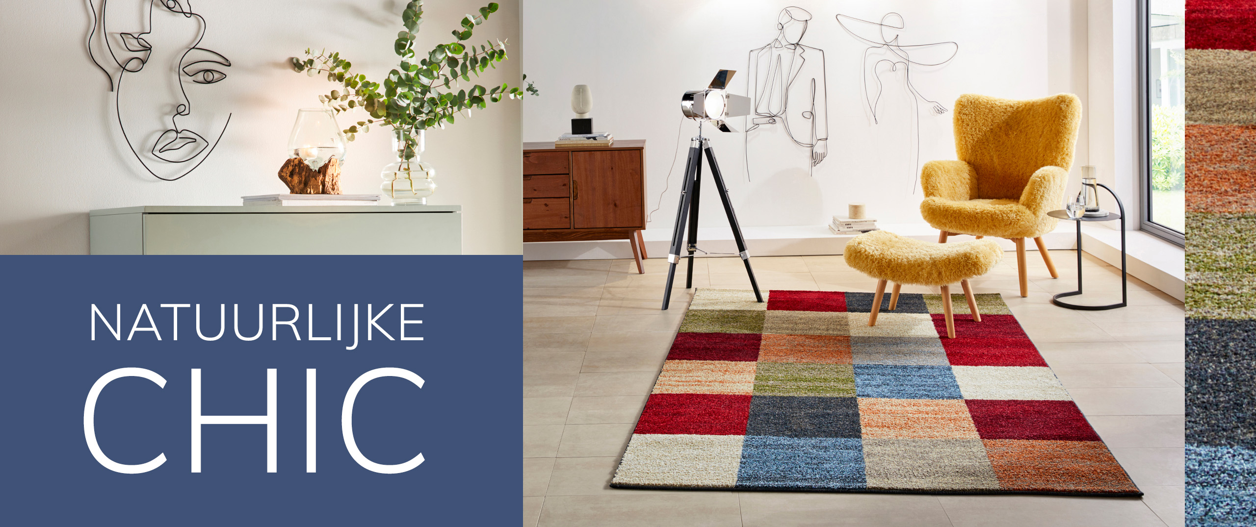 Moderne ruimte met lichtgroene kast, planten en wanddecoratie links, rechts een kleurrijk vloerkleed, gele stoel en wandtekeningen. In het midden saliegroene achtergrond met witte tekst: 'Natuurlijke chic'.
