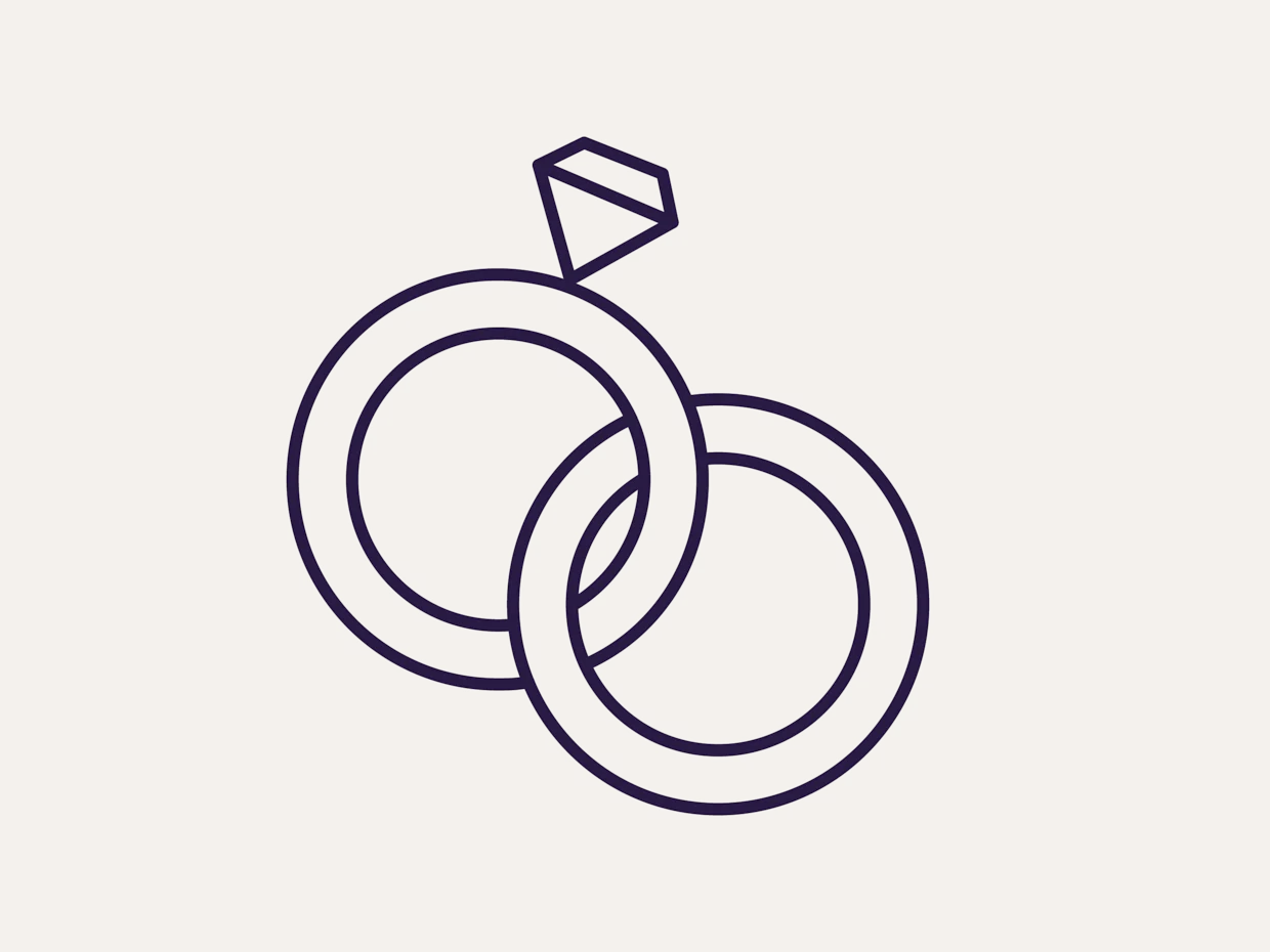Symbol von zwei ineinander verschlungenen Ringen, einer davon mit einem Diamanten, auf beigem Hintergrund.