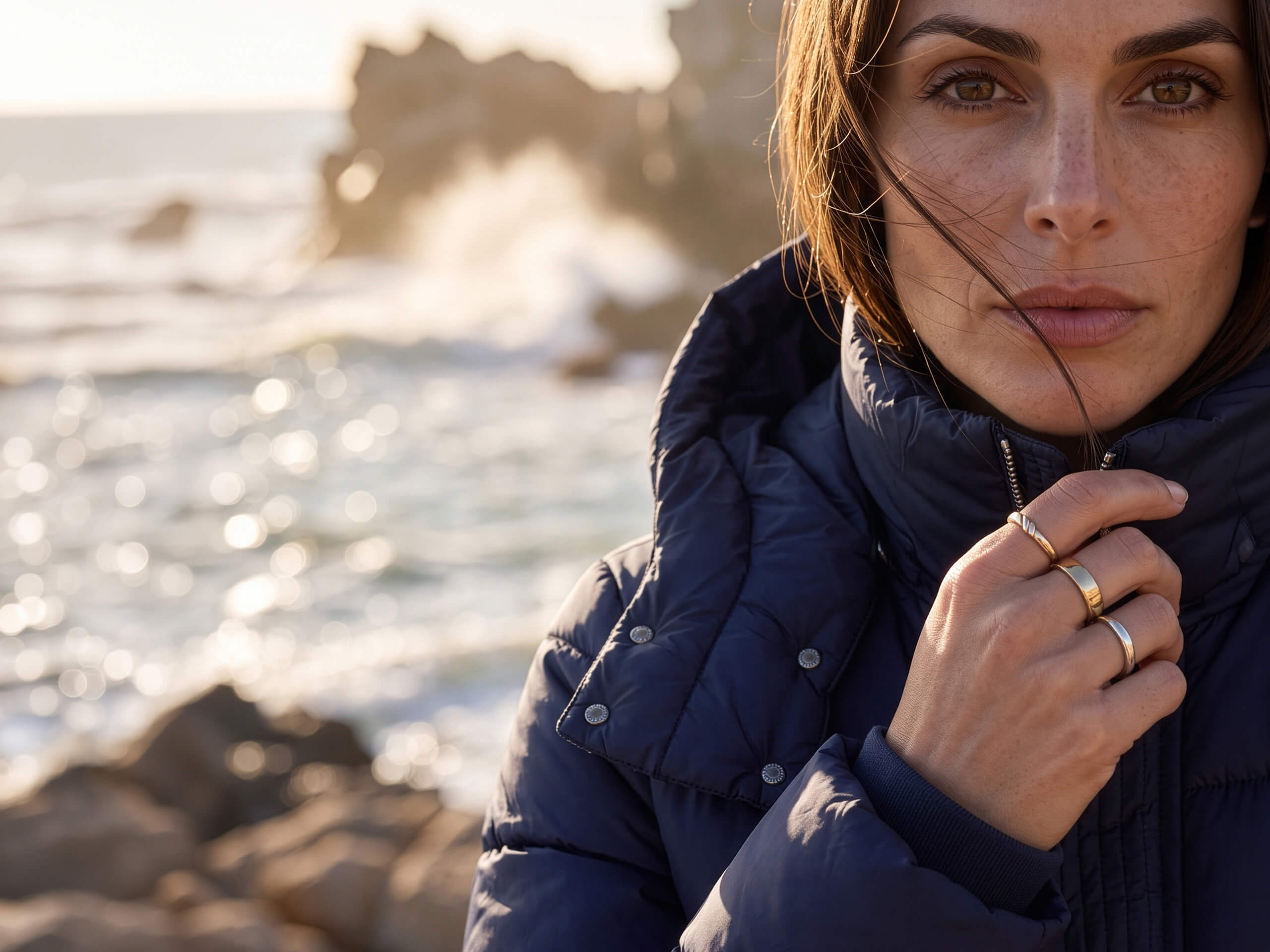 Ein Model in einer dunkelblauen Steppjacke blickt an der Küste in die Kamera. Ihre Hand mit Ringen liegt am Kragen.