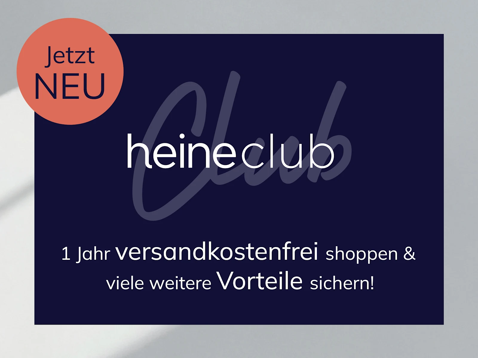 Das Symbol zeigt den Schriftzug heineclub in Weiß auf dunkelblauem Hintergrund, und die Vorteile 1 Jahr versandkostenfrei und weitere Vorteile. Das Symbol zeigt den Schriftzug heineclub in Weiß auf dunkelblauem Hintergrund, und die Vorteile 1 Jahr versandkostenfrei und weitere Vorteile.