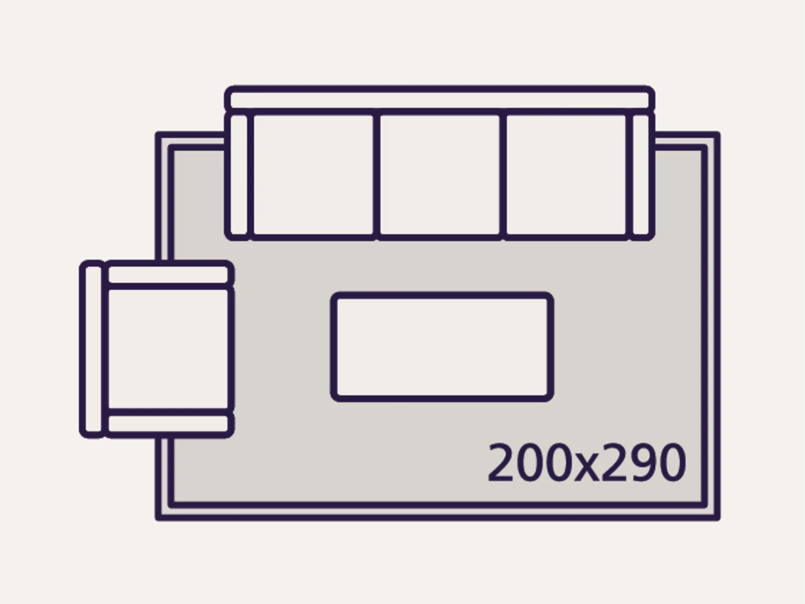 Skizze einer Wohnzimmer-Anordnung mit Sofa, Sessel, rechteckigem Teppich (200x290 cm) und Couchtisch auf beigem Hintergrund. Skizze einer Wohnzimmer-Anordnung mit Sofa, Sessel, rechteckigem Teppich (200x290 cm) und Couchtisch auf beigem Hintergrund.