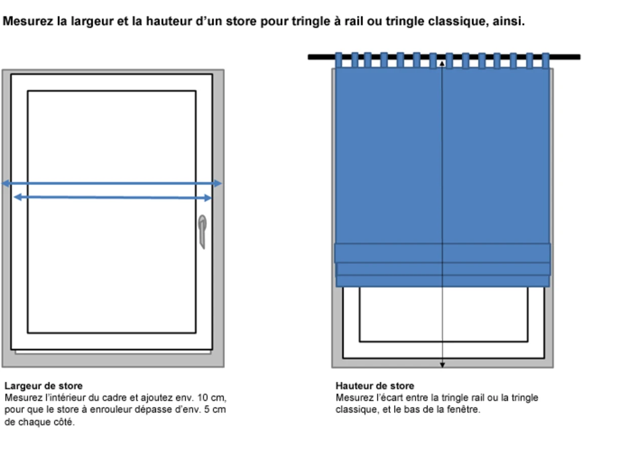 Instructions pour mesurer la largeur et la hauteur d'un store à enrouleur pour les rails ou les tringles à rideaux. La page de gauche montre comment déterminer la largeur du store : Mesurez la distance du bord intérieur du mur et ajoutez environ 10 cm, de sorte que le store bateau dépasse d'environ 5 cm de chaque côté. La page de droite explique comment mesurer la hauteur du store : Mesurez la distance entre le rail ou la tringle à rideaux et le bord inférieur de la fenêtre. Instructions pour mesurer la largeur et la hauteur d'un store à enrouleur pour les rails ou les tringles à rideaux. La page de gauche montre comment déterminer la largeur du store : Mesurez la distance du bord intérieur du mur et ajoutez environ 10 cm, de sorte que le store bateau dépasse d'environ 5 cm de chaque côté. La page de droite explique comment mesurer la hauteur du store : Mesurez la distance entre le rail ou la tringle à rideaux et le bord inférieur de la fenêtre.
