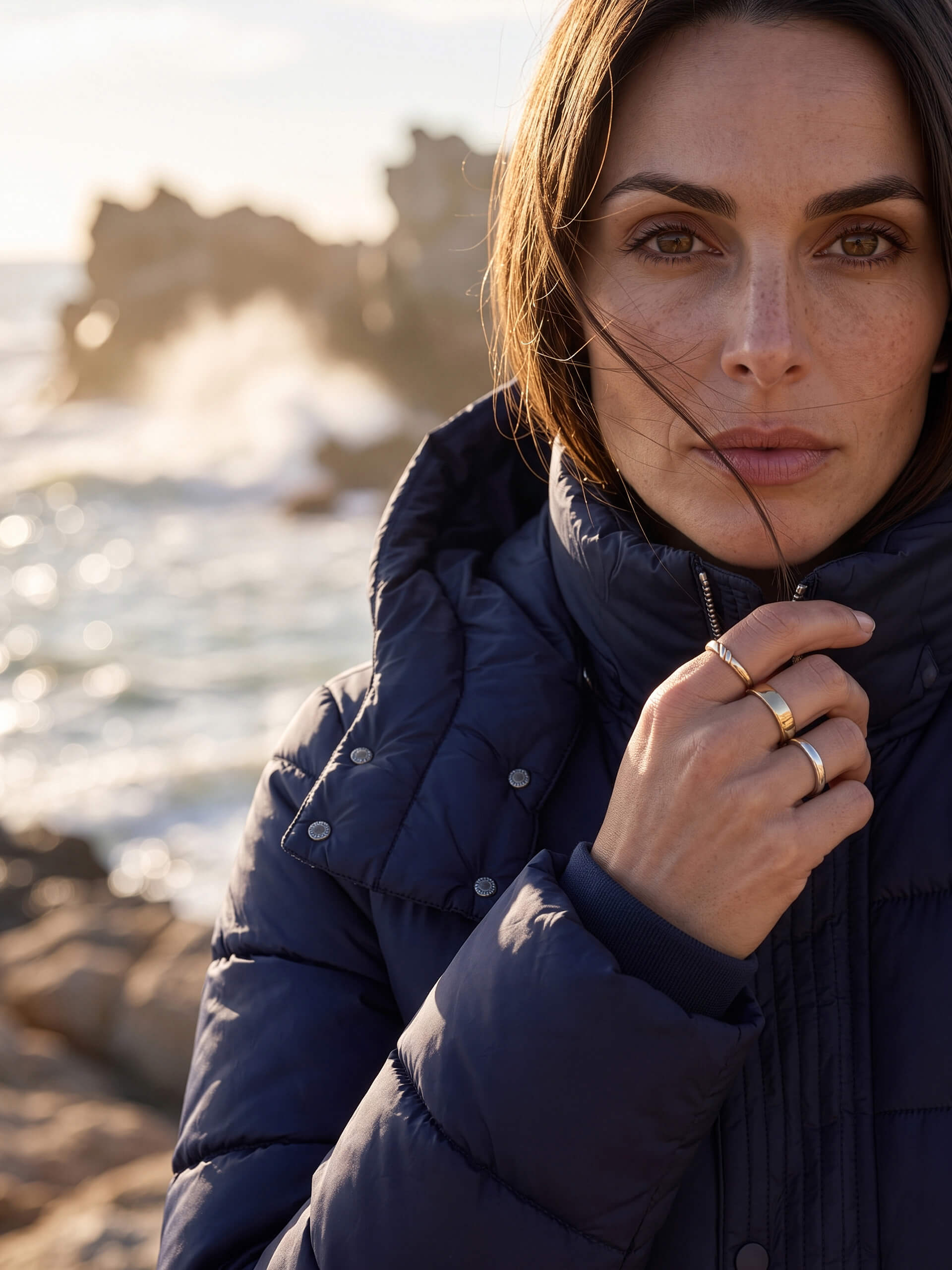 Ein Model in einer dunkelblauen Steppjacke blickt an der Küste in die Kamera. Ihre Hand mit Ringen liegt am Kragen.