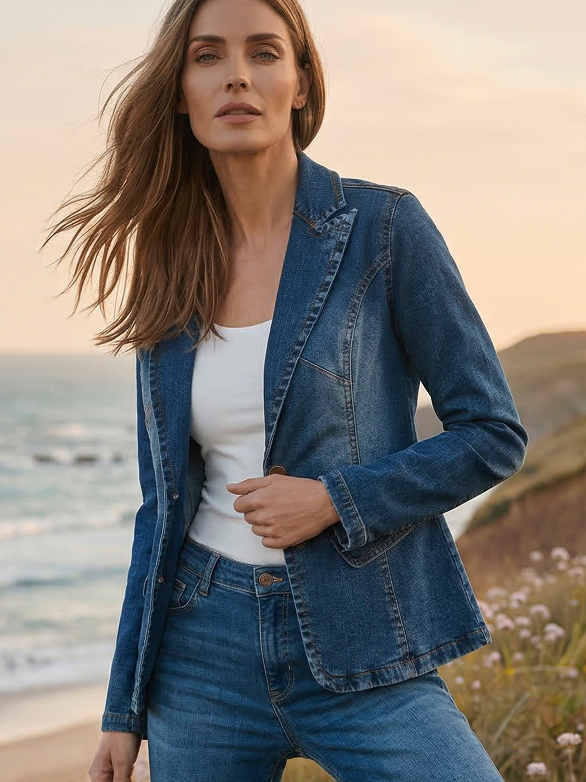 Model trägt einen Jeansblazer und steht an einer Küste.