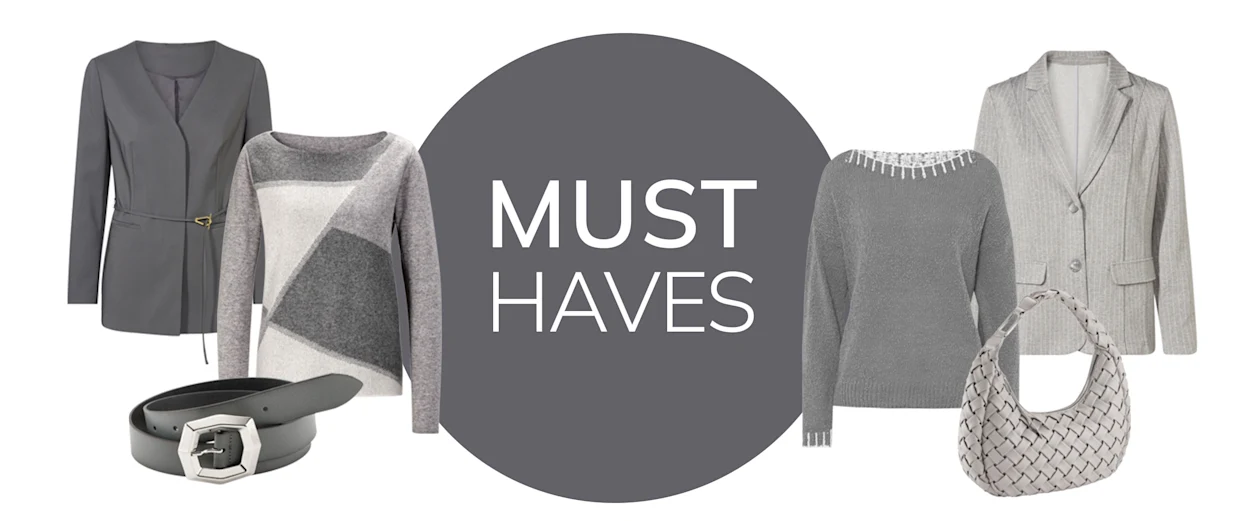 L'image montre une sélection de vêtements et d'accessoires gris, disposés autour d'un cercle gris avec le texte 'MUST HAVES'. On peut voir un blazer avec une ceinture, un pull avec un motif géométrique, une ceinture, un autre pull, un blazer et un sac à main. Les produits sont placés sur un fond blanc. L'image montre une sélection de vêtements et d'accessoires gris, disposés autour d'un cercle gris avec le texte 'MUST HAVES'. On peut voir un blazer avec une ceinture, un pull avec un motif géométrique, une ceinture, un autre pull, un blazer et un sac à main. Les produits sont placés sur un fond blanc.