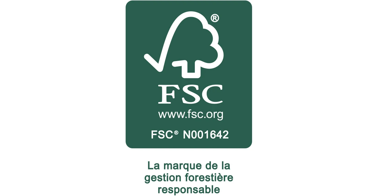 Le logo FSC avec le lien 'www.fsc.org' et le numéro 'N001642' sur fond vert, avec en dessous le texte 'La marque de la gestion forestière responsable'. Le logo FSC avec le lien 'www.fsc.org' et le numéro 'N001642' sur fond vert, avec en dessous le texte 'La marque de la gestion forestière responsable'.