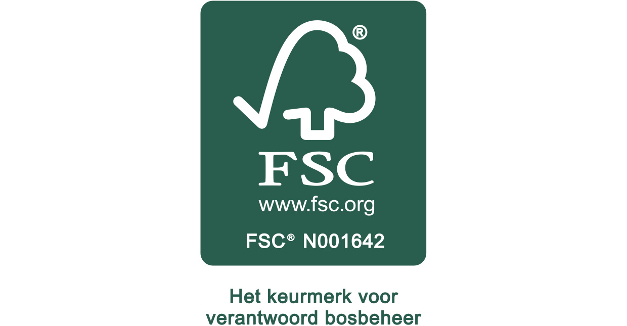 Het FSC-logo met de link 'www.fsc.org' en het nummer 'N001642' op een groene achtergrond, met daaronder de tekst 'Het keurmerk voor verantwoord bosbeheer'.