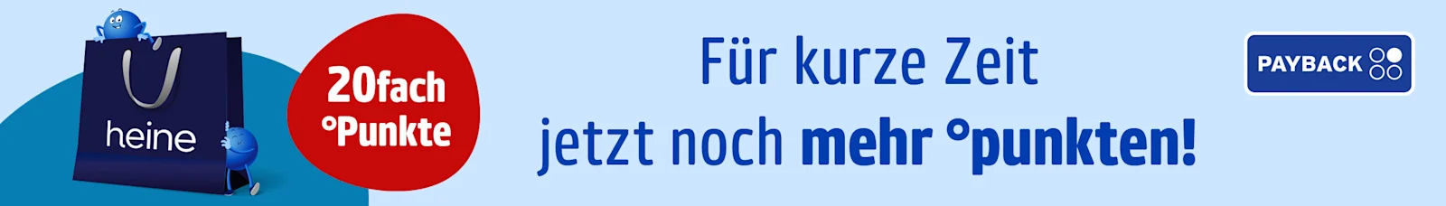 Eine Werbeanzeige mit dem Text Für kurze Zeit jetzt noch mehr °punkten! 20 fach °Punkte. Der Hintergrund ist hellblau mit einer großen dunklen Einkaufstasche, zwei blauen Figuren und einem roten Kreis.