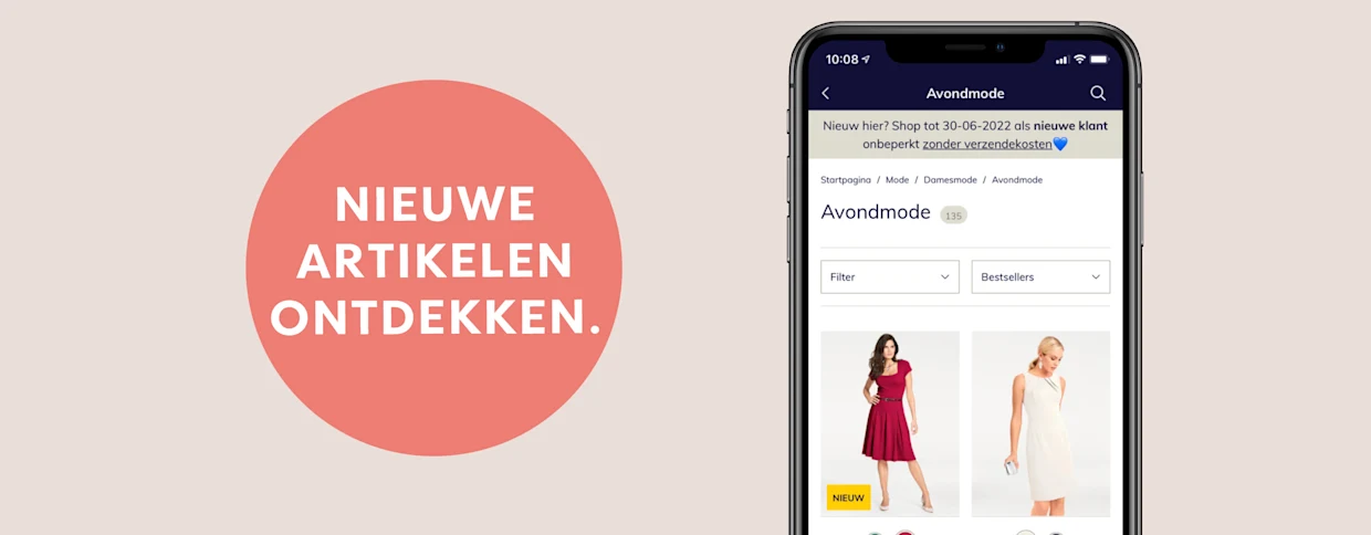 Illustratie van een smartphone met avondjurken, naast een rode cirkel met 'ontdek nieuwe dingen'. Illustratie van een smartphone met avondjurken, naast een rode cirkel met 'ontdek nieuwe dingen'.