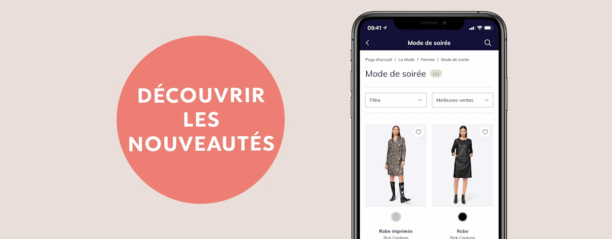 Illustration d'un smartphone montrant des robes de soirée, à côté d'un cercle rouge avec 'découvrir de nouvelles choses'. Illustration d'un smartphone montrant des robes de soirée, à côté d'un cercle rouge avec 'découvrir de nouvelles choses'.