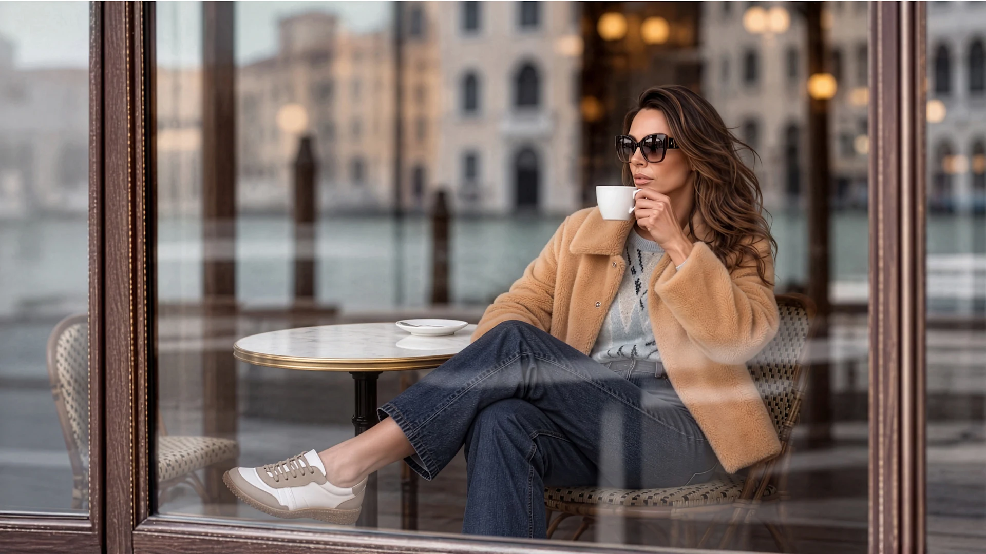 Ein Model mit Sonnenbrille, einer Jeans und hellbrauner Plüschjacke sitzt mit Kaffeetasse hinter einer Glasscheibe.
