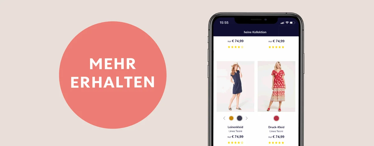 Smartphone zeigt eine Online-Shop-App mit Kleidern, daneben ein roter Kreis mit Text 'Mehr erhalten'. Smartphone zeigt eine Online-Shop-App mit Kleidern, daneben ein roter Kreis mit Text 'Mehr erhalten'.