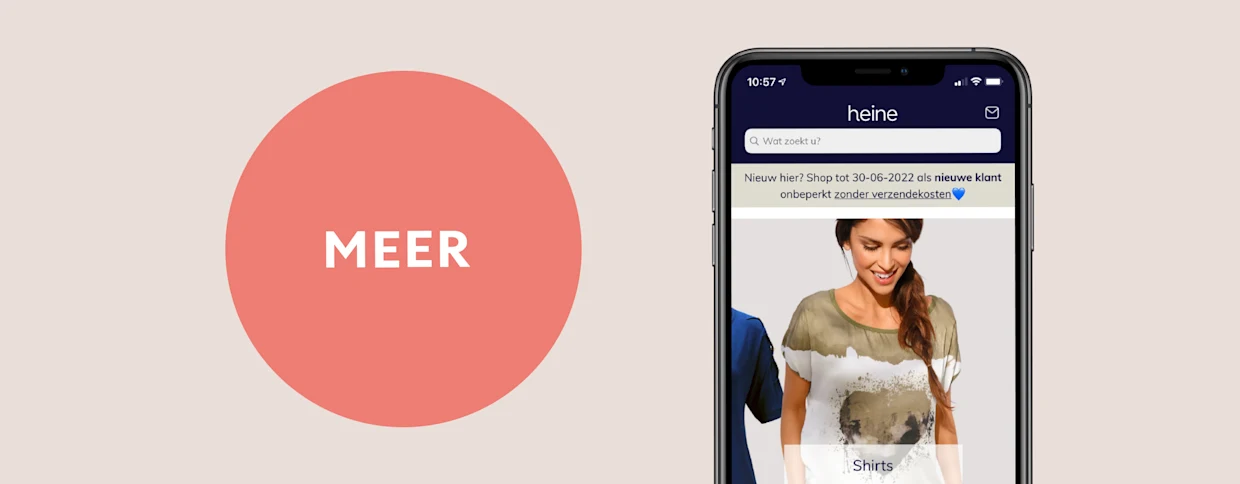 Smartphone met een online winkelapplicatie met kleding, naast een rode cirkel met de tekst 'Get more'. Smartphone met een online winkelapplicatie met kleding, naast een rode cirkel met de tekst 'Get more'.